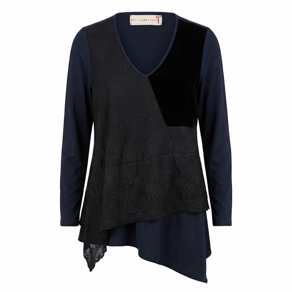 Johnny Was Love And Liberty XL Navy Blue Media Lace Asymmetrical Tunic